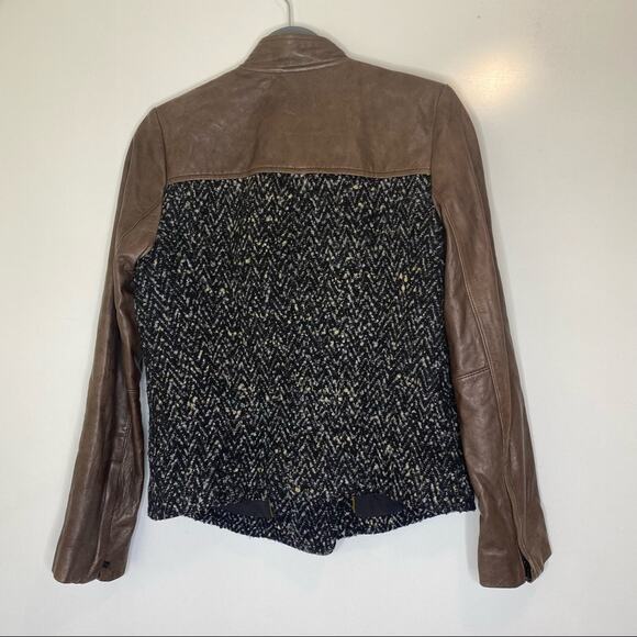 Gap Brown Leather Boucle Tweed Moto Jacket M - Picture 5 of 12